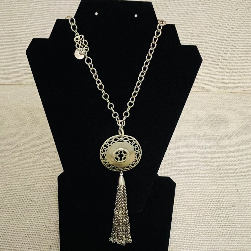 Chicos Gold Tone Round Filigree Tassel Pendant Necklace, Round link, 32 in & adj